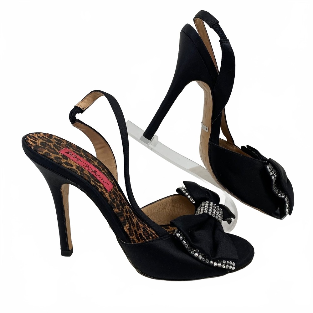 Betsey Johnson Black Rhinestone Bow Slingback Heels | Womens 7